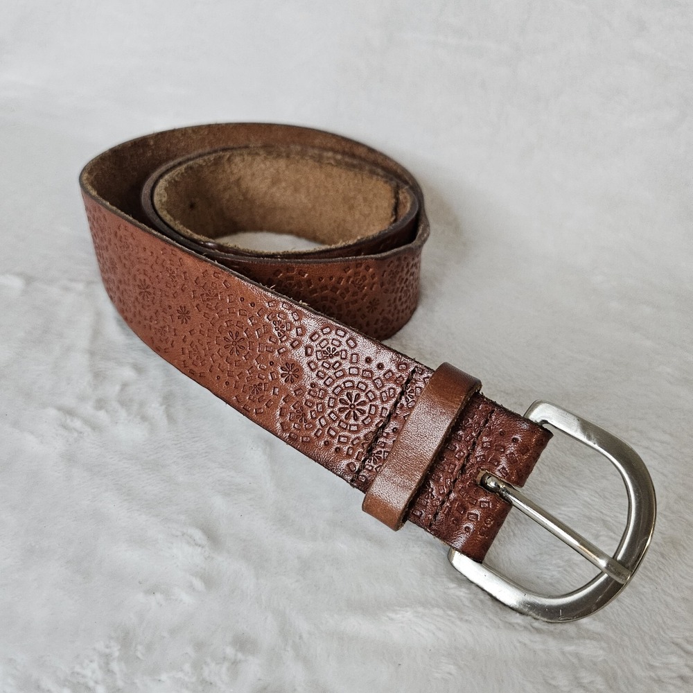 Vtg Talbots 40in Stamped Brown Leather Womens Belt Floral Gray Brass Geometric